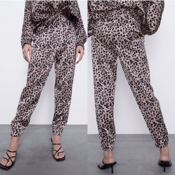 Zara Brown leopard cheetah animal print satin effect jogger pants M NWOT pockets - Picture 3 of 12